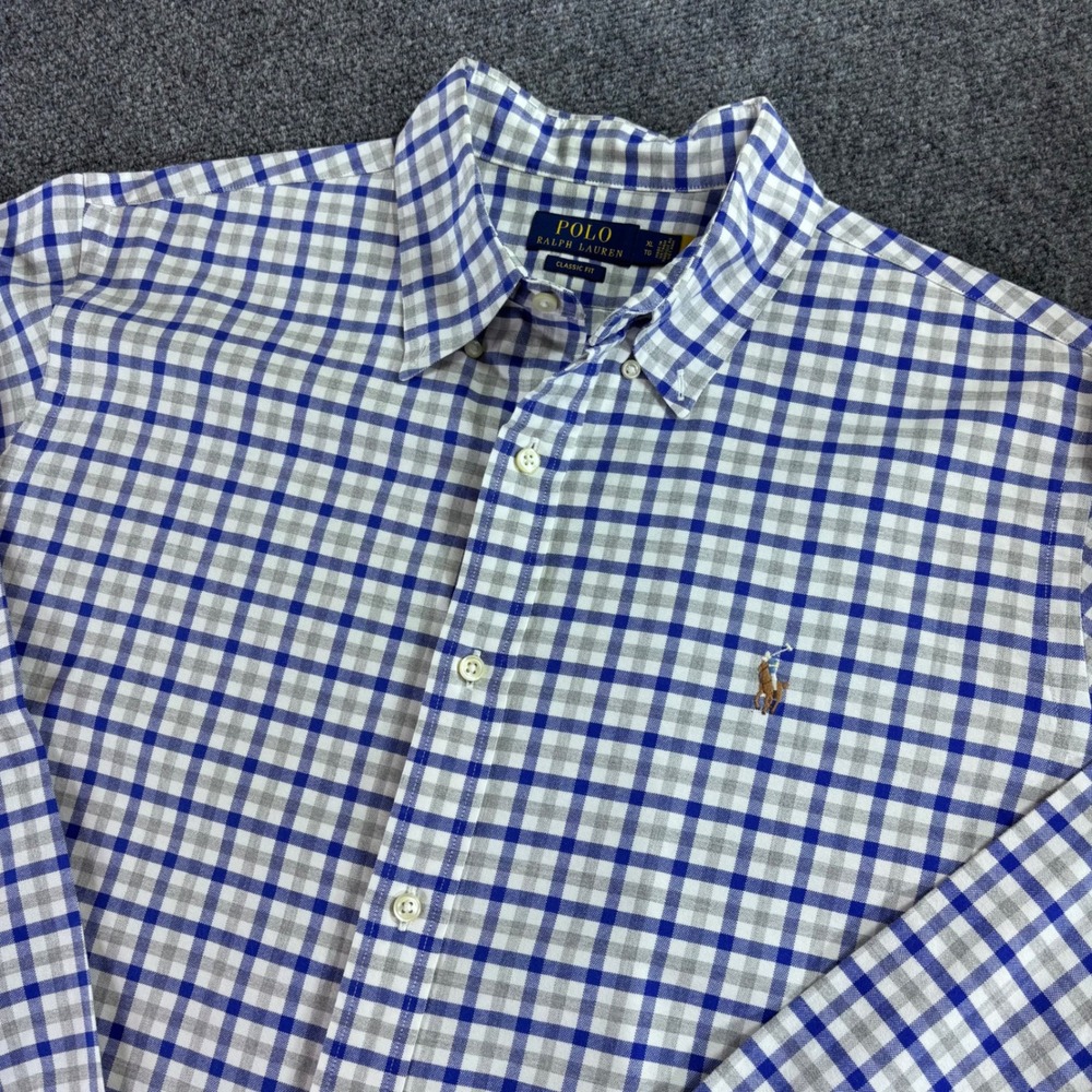Polo Ralph Lauren Button Down Shirt Mens XL Blue Grey Gingham Classic Fit Cotton